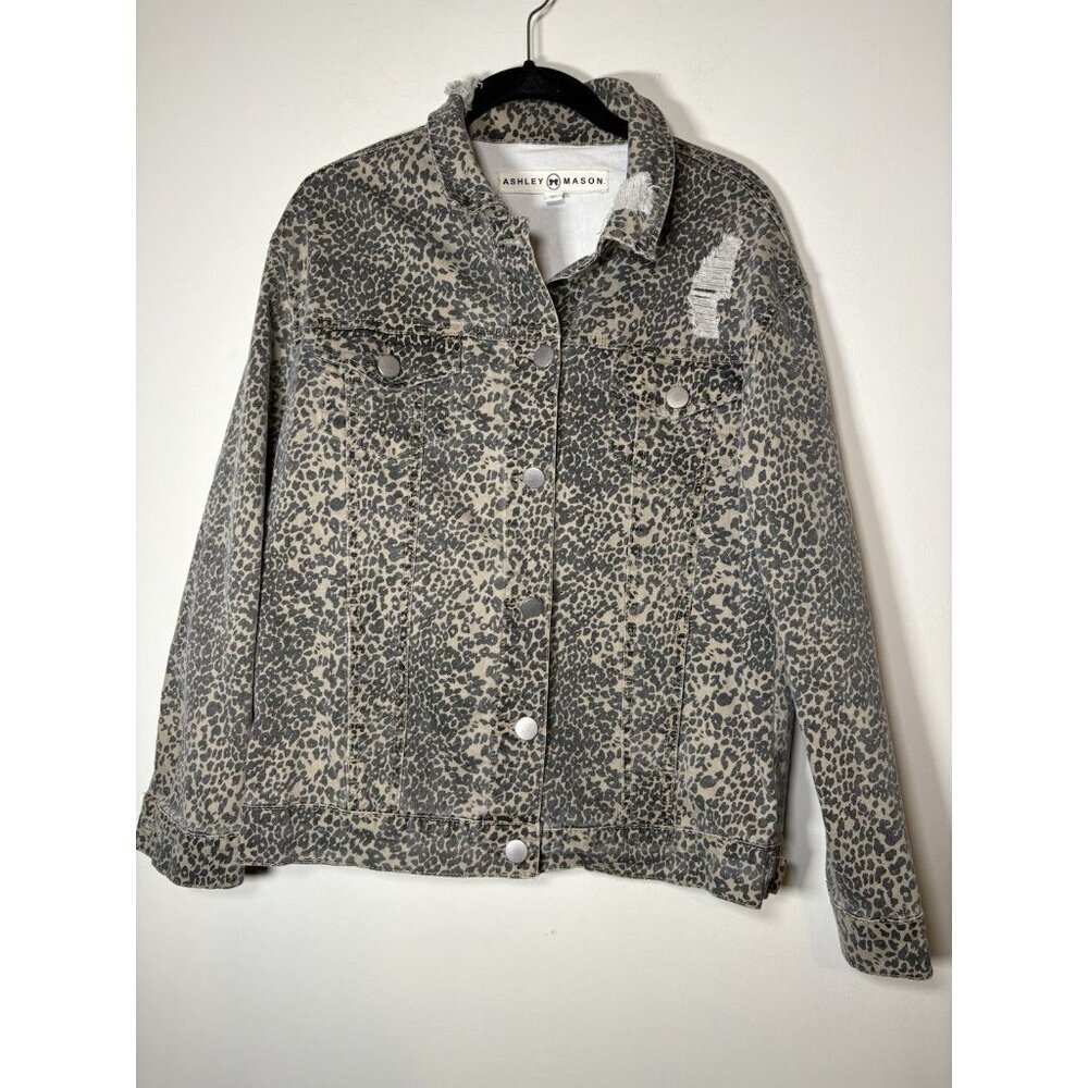 ASHLEY MASON Small Distressed Leopard Print Jean Jacket‎
